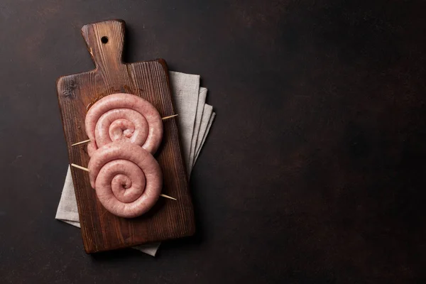 Raw Sausages Cooking Wooden Cutting Board Top View Space Text — Stock Photo, Image