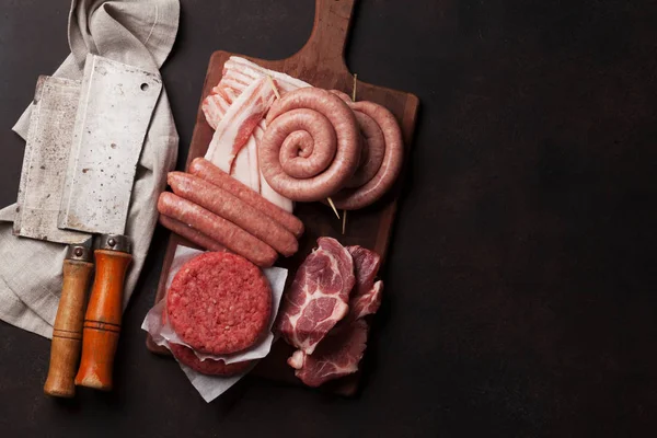 Syrové Maso Kotleta Slanina Párky Pohled Shora Prostorem Pro Recept — Stock fotografie