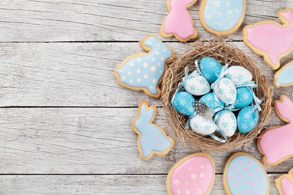 Osterlebkuchen Auf Dem Holztisch Eier Und Kaninchen Draufsicht Mit Platz — Stockfoto