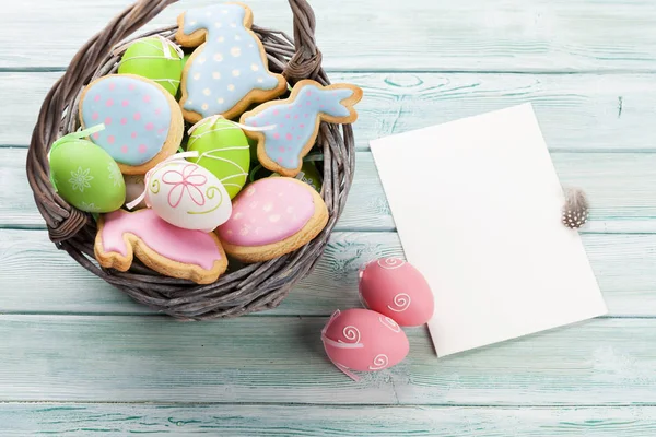 Osterlebkuchen Und Grußkarte Auf Holztisch Eier Und Kaninchen Draufsicht Mit — Stockfoto