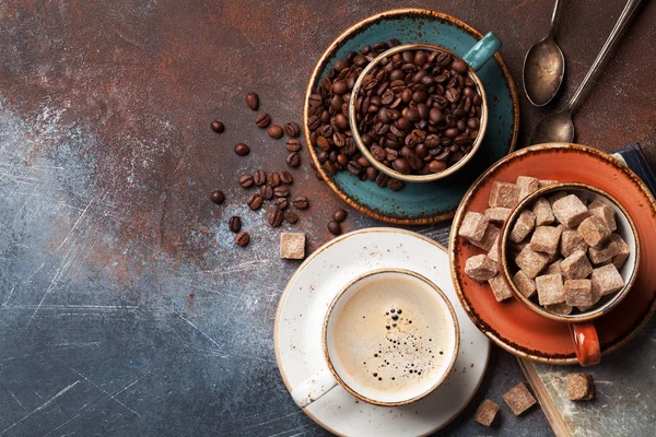 Tazza Caffè Fagioli Zucchero Vista Dall Alto Con Spazio Testo — Foto Stock