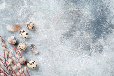 Bıldırcınlar yumurta ve Kukum. Paskalya tebrik kartı. Selam yeri olan Üstten Görünüm