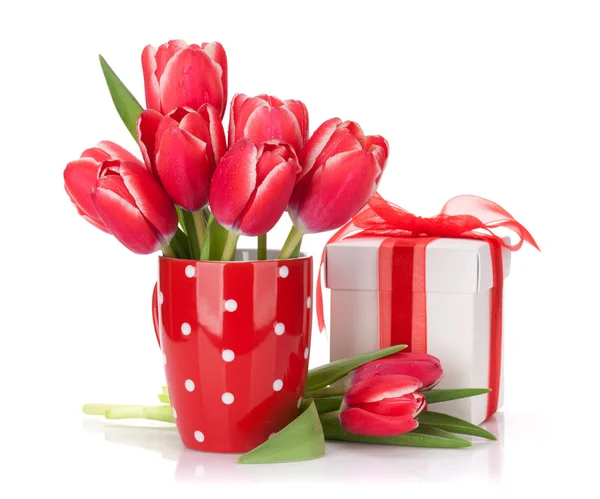 Red Tulips Bouquet Gift Box Isolated White Background Easter Greeting — Stock Photo, Image