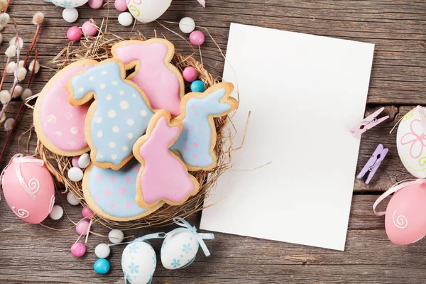 Easter Gingerbread Cookies Wooden Table Rabbits Eggs Greeting Card Top — Stock Photo, Image