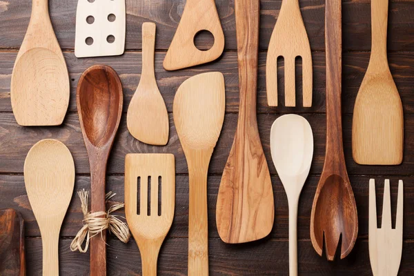 Various Cooking Utensils Wooden Kitchen Table Top View — Stock Photo, Image