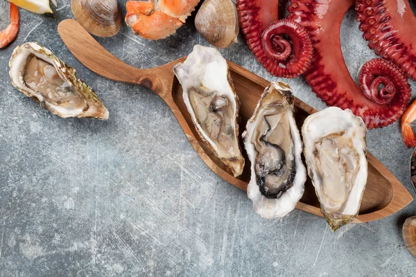 Seafood Octopus Oysters Lobster Clams Top View Stone Table Space — Stock Photo, Image