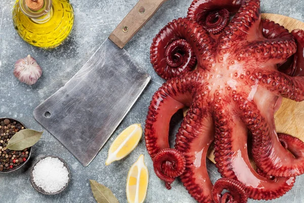 Bläckfisk Matlagning Med Kryddor Stenbord Fisk Och Skaldjur Ovanifrån — Stockfoto