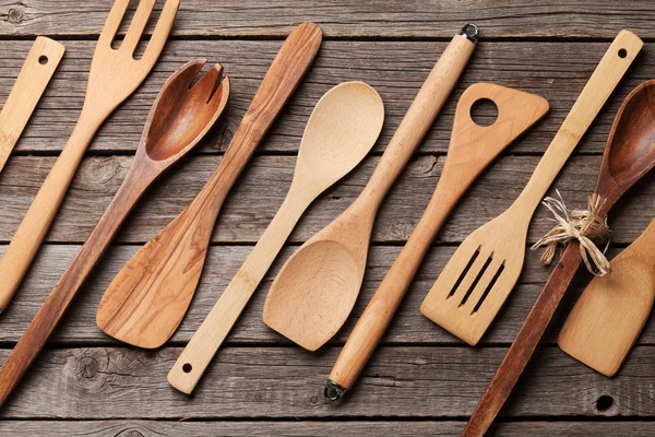 Various Cooking Utensils Wooden Kitchen Table Top View — Stock Photo, Image