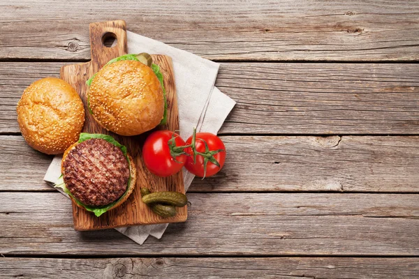 Tasty Grilled Homemade Burgers Top View Space Text — Stock Photo, Image