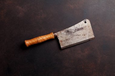 Kasap. Taş Masa üzerinde Vintage et bıçağı. Üstten Görünüm