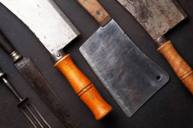 Vintage et bıçak ve çatal taş kartı. Üstten Görünüm