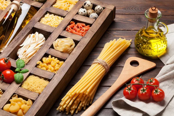 Various Pasta Wooden Box Cooking Concept — Stock Photo, Image