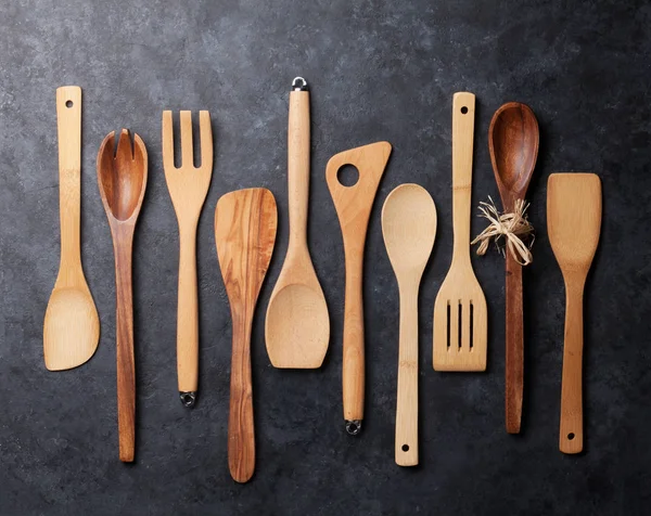 Various Cooking Utensils Stone Kitchen Table Top View — Stock Photo, Image
