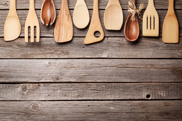Various Cooking Utensils Wooden Kitchen Table Top View Space — Stock Photo, Image