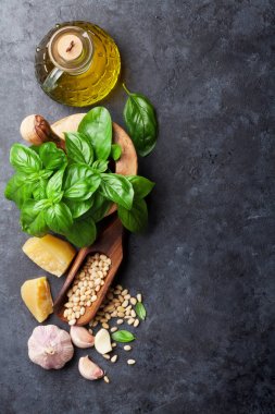 Pesto sos yemek. Fesleğen, zeytinyağı, parmesan, sarımsak, çam fıstığı. Metniniz için kopya alanı ile karanlık taş tabloda Üstten Görünüm
