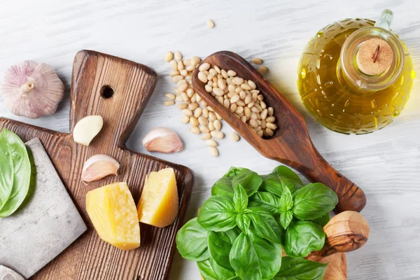 Pesto Sauce Cooking Basil Olive Oil Parmesan Garlic Pine Nuts — Stock Photo, Image