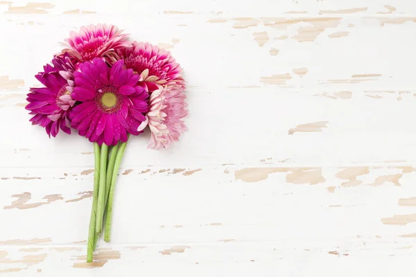 Gerbera Flowers Bouquet Wooden Table Top View Space Your Text — Stock Photo, Image