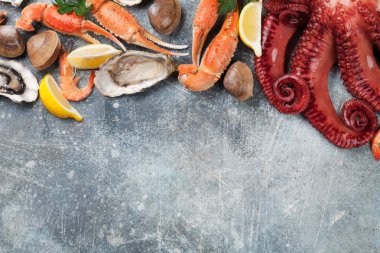 Deniz ürünleri. Ahtapot, istiridye, ıstakoz, karides, istiridye yemek. Senin metin için yer ile taş tabloda Üstten Görünüm