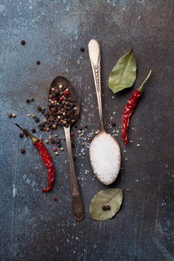 Taş Masa üzerine kaşık içinde baharatlar. Pişirme kavramı. Üstten Görünüm