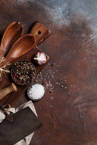 Vintage Keukengerei Specerijen Snijplank Koken Concept Bovenaanzicht Met Ruimte Voor — Stockfoto