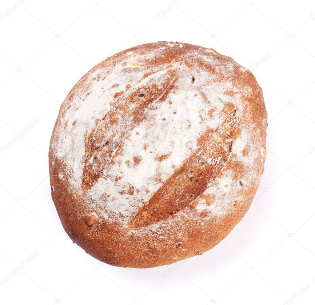 round loaf of crusty bread isolated on white background. Top view