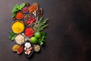 Çeşitli baharatlar ve otlar taş masada. Metin alanı olan Üstten Görünüm