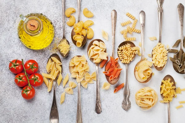 Various Pasta Spoons Cooking Concept Top View — Stock Photo, Image