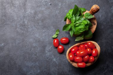 İtalyan mutfağı. Fesleğen ve domates yemek. Üstten Görünüm ile tarifi için yer