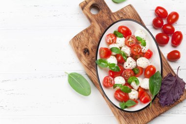 Kiraz domates, mozzarella ve fesleğen ile Caprese salatası. Metin alanı olan Üstten Görünüm