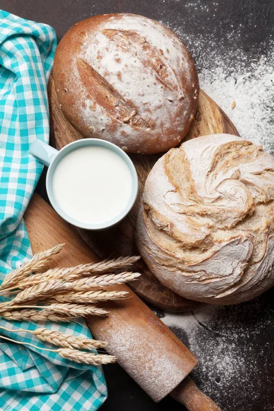 Homemade Crusty Bread Milk Stone Table Top View — Stock Photo, Image