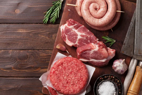 Carne Crua Costeleta Bacon Salsichas Vista Superior Com Espaço Para — Fotografia de Stock