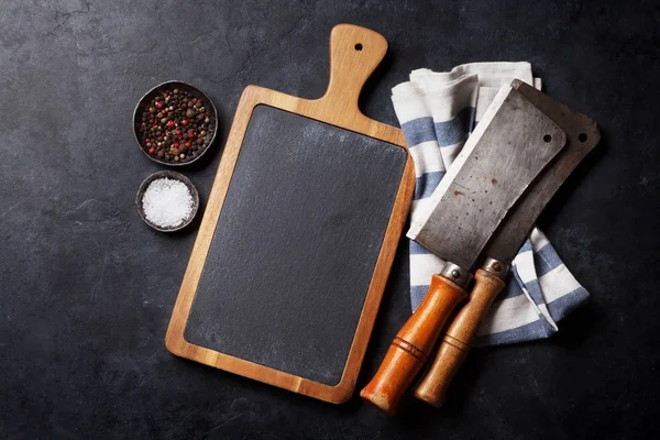 Vintage Meat Knives Spices Stone Board Top View Space Your — Stock Photo, Image