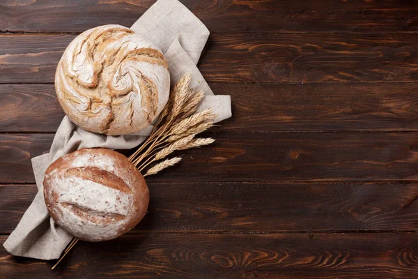 Homemade Crusty Bread Wooden Table Top View Space Your Text — Stock Photo, Image