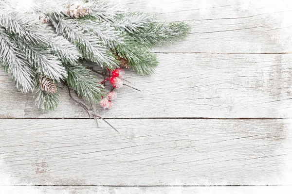 Kerstkaart Met Dennenboom Witte Houten Achtergrond Kopieer Ruimte Voor Kerstgroeten — Stockfoto