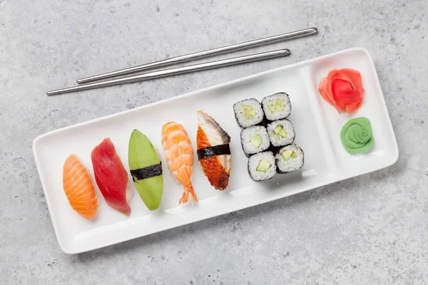 Japanese Sushi Set Sashimi Maki Rolls Plate Stone Background — Stock Photo, Image