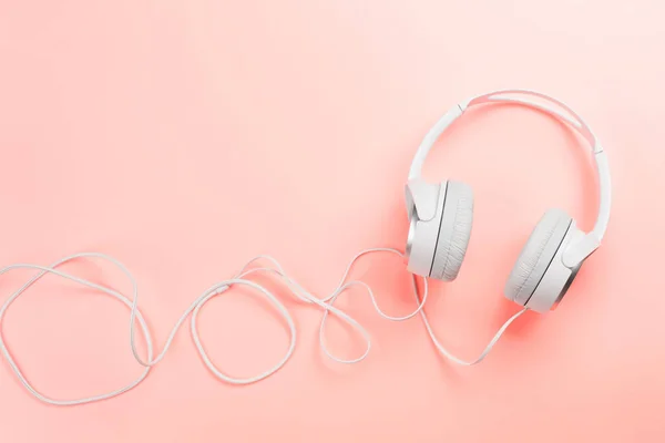 Muziek Koptelefoon Roze Achtergrond Geluids Concept Bovenste Weergave Met Kopieer — Stockfoto