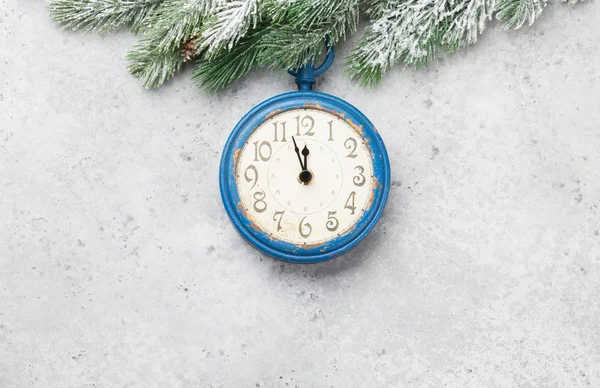 Christmas Greeting Card Fir Tree Alarm Clock Stone Background Copy — Stock Photo, Image