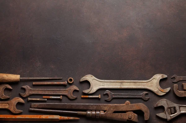 Vintage Old Tools Stone Backdrop Top View Copy Space Flat — Stock Photo, Image