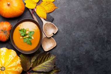 Taş zemin üzerinde balkabağı sebze çorbası. Kopyalama alanı olan üst görünüm. Düz yatıyordu