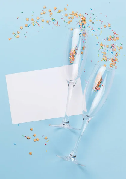 Champagne Glasses Colorful Sweets Holiday Template Christmas Birthday Valentines Day — ストック写真
