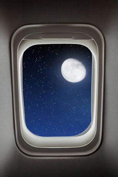 Cielo Nocturno Con Estrellas Luna Vista Desde Ventana Del Avión — Foto de Stock