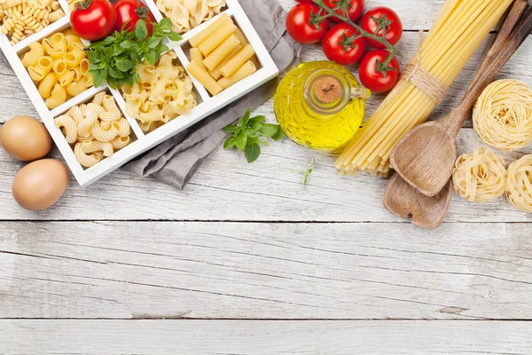 Various Pasta Wooden Box Top View Flat Lay Copy Space — Stock Photo, Image