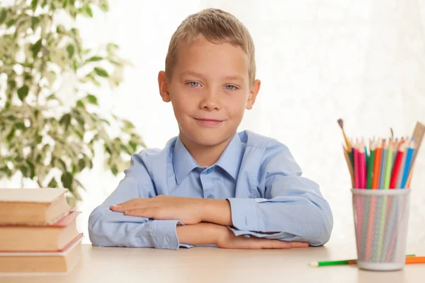 Young Schoolboy Sitting Table Going Homework Elementary Education Concept — Stock Photo, Image