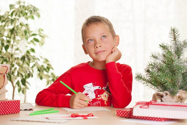 Little Boy Writes Letter Santa Claus Christmas Gift Wishes — Stock Photo, Image