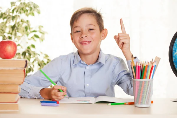 Young Schoolboy Sitting Table Doing Homework Elementary Education Concept — Stock Photo, Image