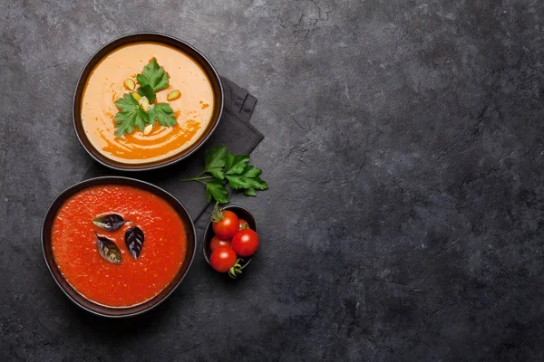 Tomato Pumpkin Vegetable Soup Stone Table Top View Copy Space — Stock Photo, Image