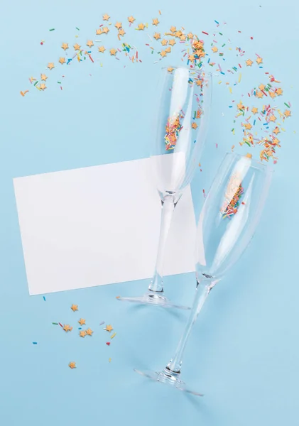 Champagne Glasses Colorful Sweets Holiday Template Christmas Birthday Valentines Day — Stockfoto