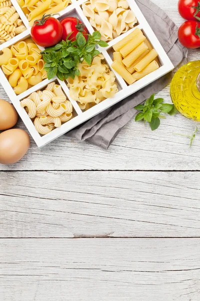 Various Pasta Wooden Box Top View Flat Lay Copy Space — Stock Photo, Image