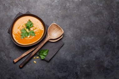 Taş zemin üzerinde balkabağı sebze çorbası. Kopyalama alanı olan üst görünüm. Düz yatıyordu