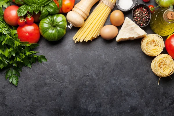 Pasta Tomatoes Herbs Cooking Ingredients Stone Table Top View Copy — Stock Photo, Image